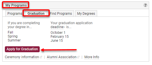 My Programs Box > Graduation >  Apply for Graduation