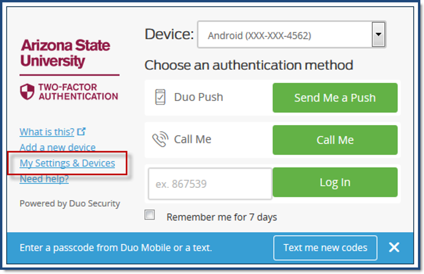Duo authentication screen with settings and devices box highlighted