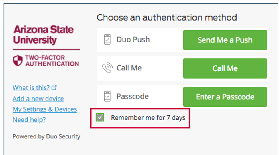 Duo authentication remember me option checked