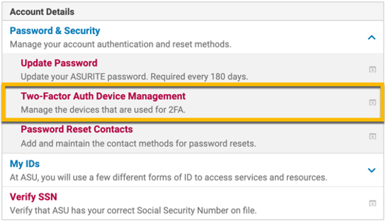 Two-Factor Auth device management link from MyASU