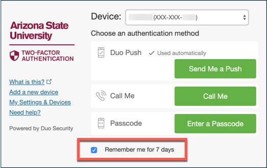 DUO authentication screen with remember me box checked.
