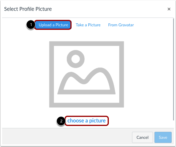 Screenshot: Canvas Profile Picture upload tab.