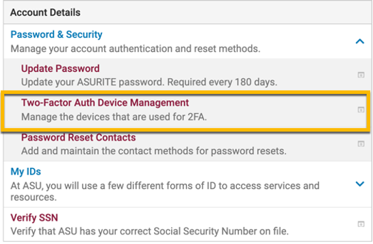 Device management link within the account security box of my ASU
