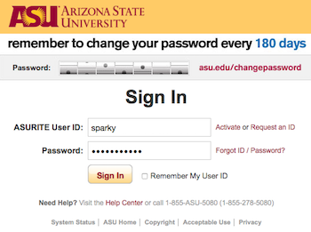 Enter ASURite User ID and Password